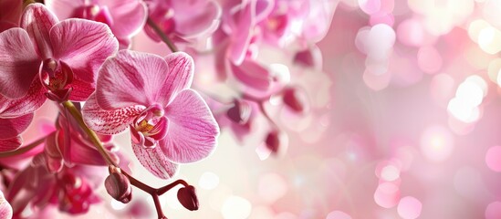Obraz premium Pink orchid flower. Greeting background. with copy space image. Place for adding text or design