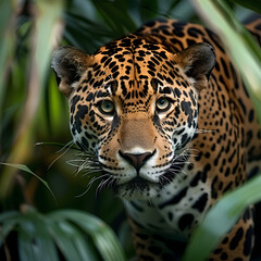 Fototapeta premium A predatory jaguar stalking in the dense forest, eyes focused and intense.