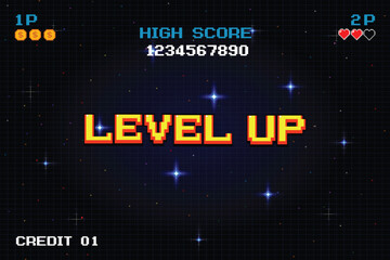 LEVEL UP. pixel art .8 bit game. retro game. for game assets in vector illustrations.