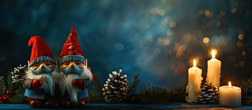 gnome couple with mask and candles. with copy space image. Place for adding text or design