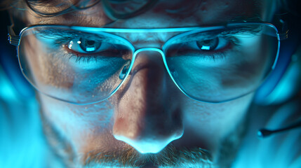 the face and glasses of an IT professional, illuminated by the blue light from his computer screen, reflecting in their eyes like neon lights