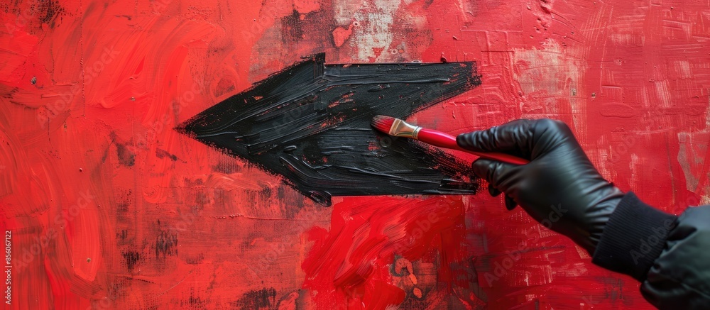 Poster The hand in the black glove holds the brush. On the wall with red paint draws an arrow. with copy space image. Place for adding text or design