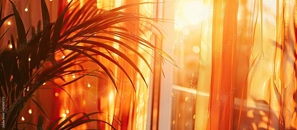 Leinwandbilder romantic curtain inside a home with palm leaf and a orange sunset. with copy space image. place for 