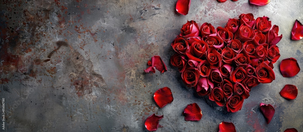 Poster Valentine's Day flower composition with heart and with rose petals. with copy space image. Place for adding text or design