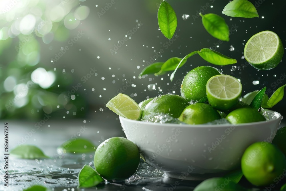 Wall mural Fresh Green Limes with Leaves and Water Splashes