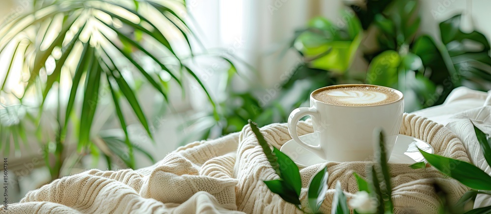 Poster cup of coffee on bed in room decorated with green plants. home design ideas. with copy space image. 