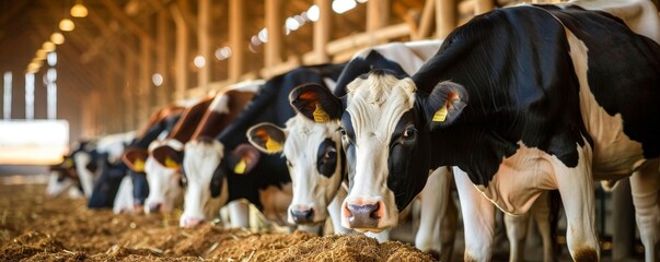 Holstein cows confined within a dairy farm's enclosed barn, consuming feed and supplements to sustain their wellbeing.