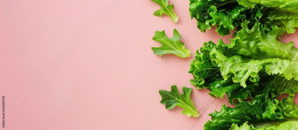 Poster fresh green lettuce leaves isolated on pastel background. with copy space image. place for adding te