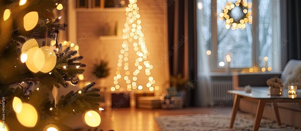 Poster New Year home decoration with light and garlands. Perfect home decoration with light of garlands with new year tree. with copy space image. Place for adding text or design