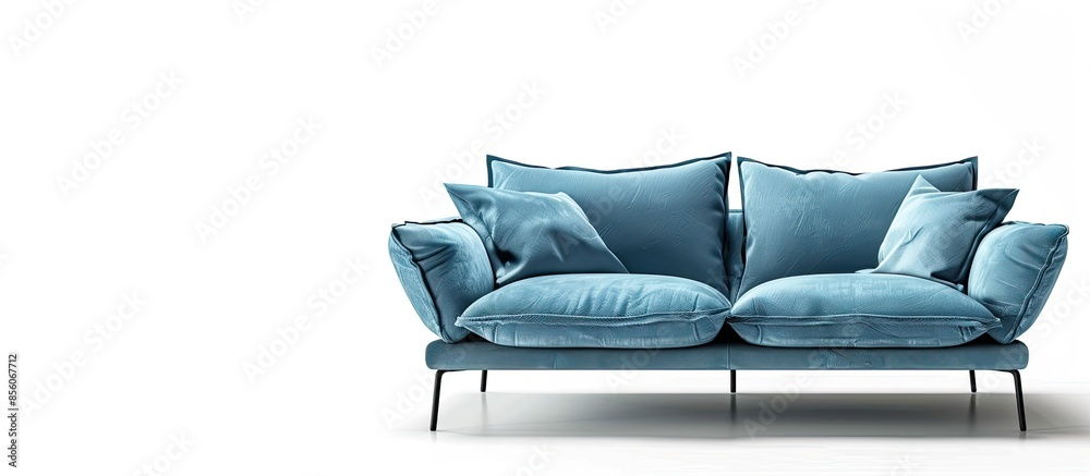 Poster light blue fabric sofa on black metal legs isolated on white background with clipping path. series o