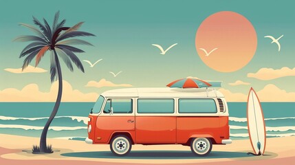 Artistic vector illustration of vintage retro camper van at beach in summer