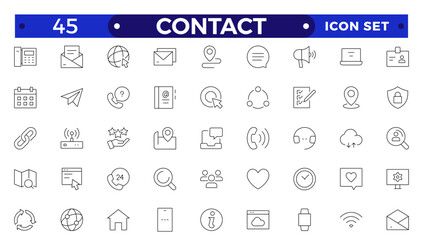 Contact outline Icons.Contact symbols - Phone, mail, fax, info, e-mail, support.Containing e-mail, phone, address, customer service, call, website and more.