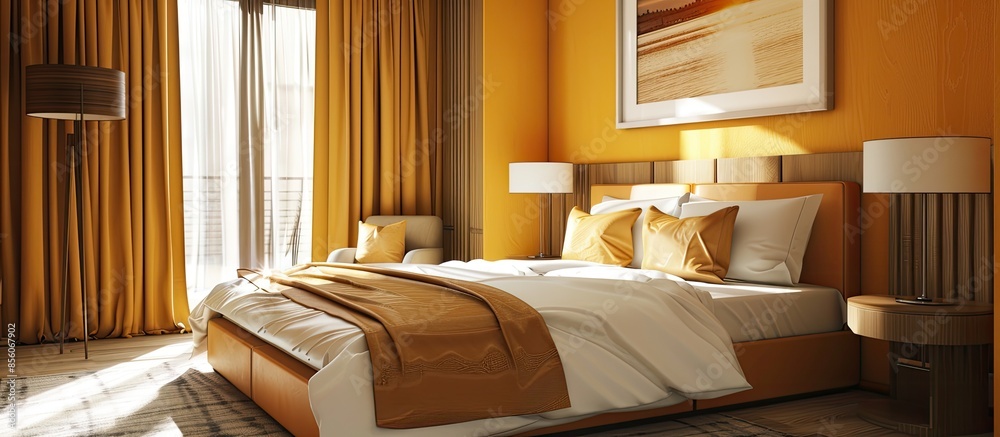 Poster hotel room decorated single bedroom with bed nice colours. with copy space image. place for adding t