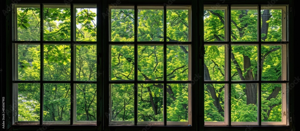 Poster Vertical Bright window with trees outside the master. with copy space image. Place for adding text or design