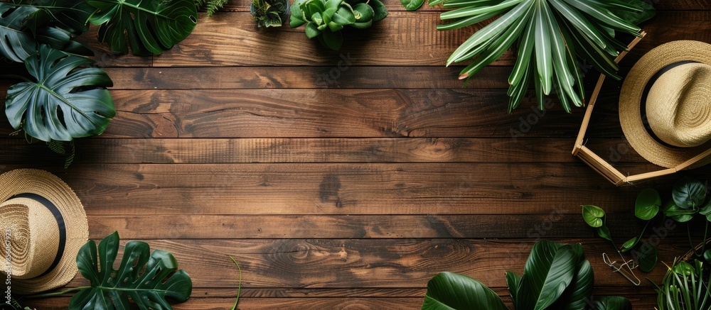Poster Houseplants and gardening tools on wooden table. with copy space image. Place for adding text or design