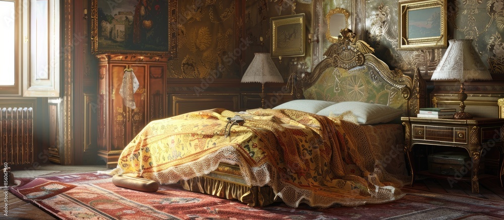 Poster Elements of interior. Bedroom decoration. with copy space image. Place for adding text or design