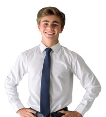 Smiling young Caucasian man wearing a white shirt and blue tie, posing confidently with hands on hips, against a transparent background.