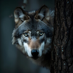 A fierce wolf with glowing eyes peeking from behind a tree in a dark forest.