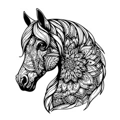 Patterned Arabian Horse Head Adult Coloring Page Floral Mandala Horse Coloring Page Zentangle Horse Coloring Page Closeup