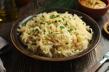 A bowl with traditional German Sauerkraut served in rustic style