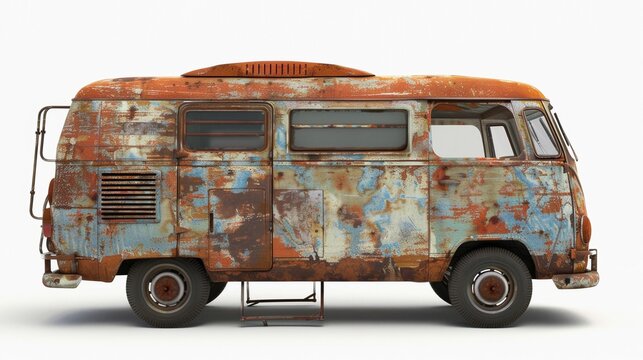 Side view of rusty vintage camper van over white background
