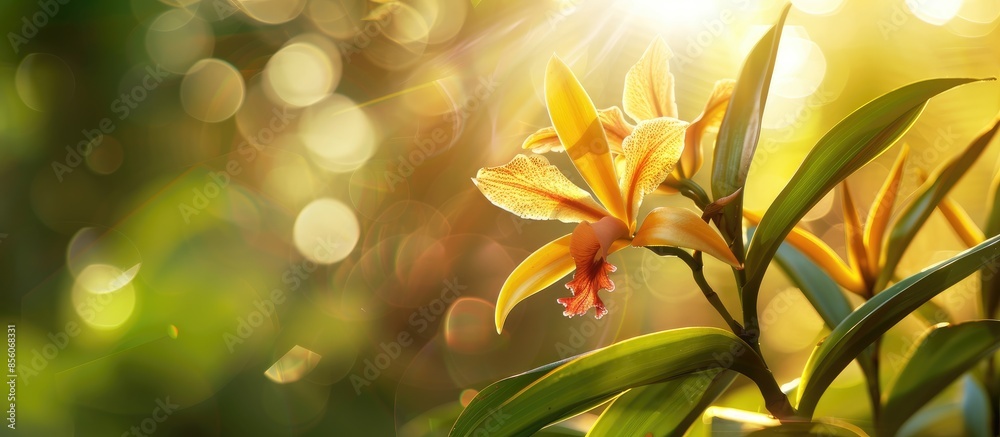 Poster yellow damaged leaf of an orchid plant standing in the sun . with copy space image. place for adding