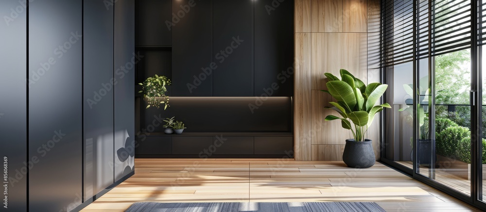Poster Home corridor with black wardrobe and wooden floor. with copy space image. Place for adding text or design