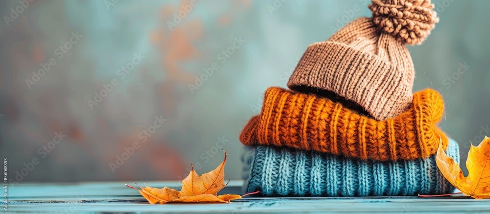Poster stack of cozy knitted warm sweater with autumn fall maple leaf and beige stylish hat. sweaters in re