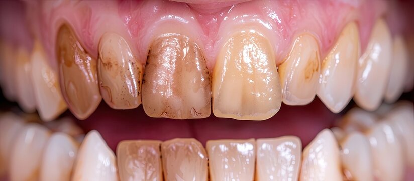 Teeth discolored in Dental with Fluorosis pitted of grooved Turner's hypoplasia. Copy space image. Place for adding text or design