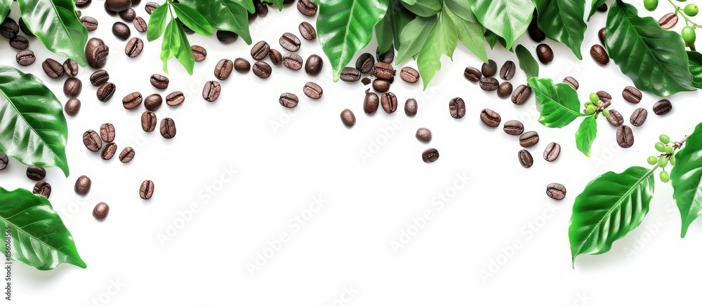 Fototapete coffee beans and leaves fresh isolated on white background. with copy space image. Place for adding text or design