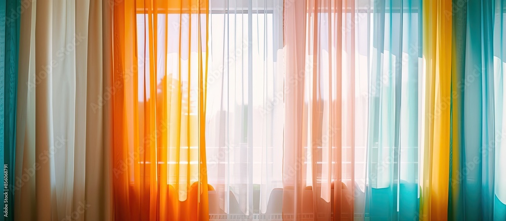 Aufkleber Room window with colorful striped curtains. with copy space image. Place for adding text or design
