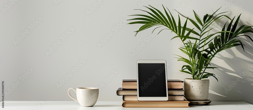 Poster stylish workspace with digital tablet, books, coffee cup and houseplant on white desk. with copy spa