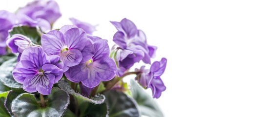 Obraz premium Saintpaulias, commonly known as African violet, is a flowering plants in the family Gesneriaceae. Potted plant. White background. with copy space image. Place for adding text or design