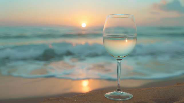 A glass of white wine on a beach, with the sun setting over the ocean, creating a serene and picturesque scene.