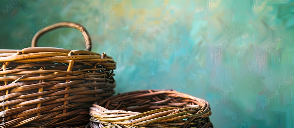 Poster Two wicker baskets background. with copy space image. Place for adding text or design