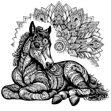 recommend clip art: Patterned Baby Horse Foal Laying Down Coloring Page Mandala Baby Horse Foal Sleeping Coloring Page Zentangle Horse Coloring Page
