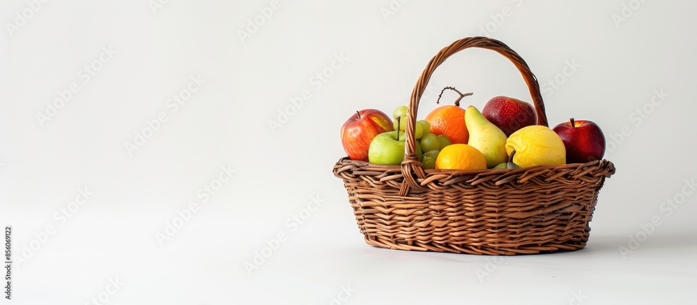 Poster Wicker basket with different fruits on white background. Copy space image. Place for adding text or design
