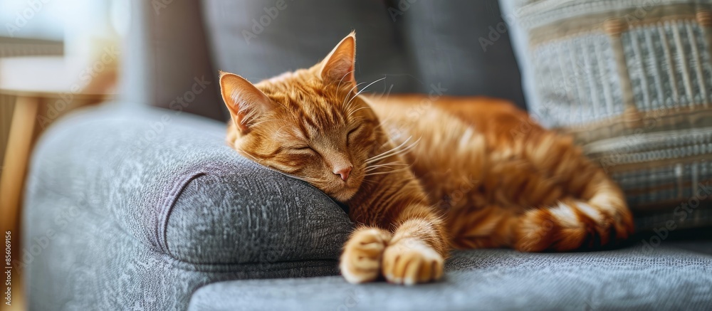 Poster cute red cat lying on grey armchair in living room. copy space image. place for adding text or desig