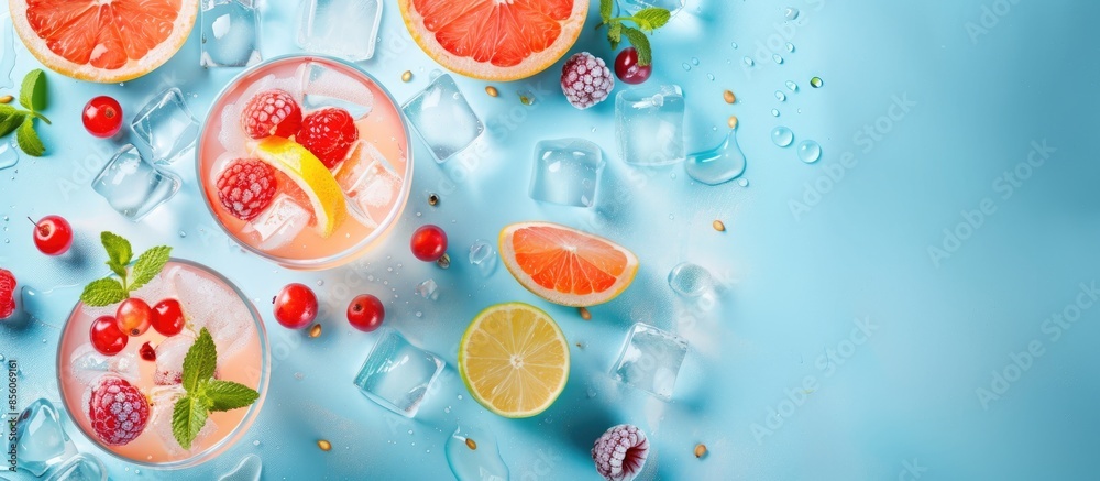 Leinwandbilder Tropical fruit summer coctail with red grapefruit, berries and ice on blue background. Minimal cold drink layout. with copy space image. Place for adding text or design