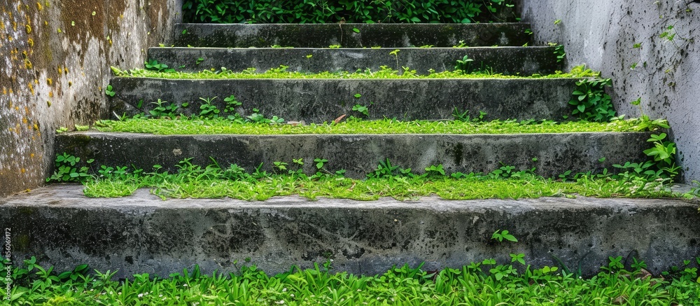 Leinwandbilder steps of a concrete staircase in a park with green grass on the wall and floor. with copy space imag
