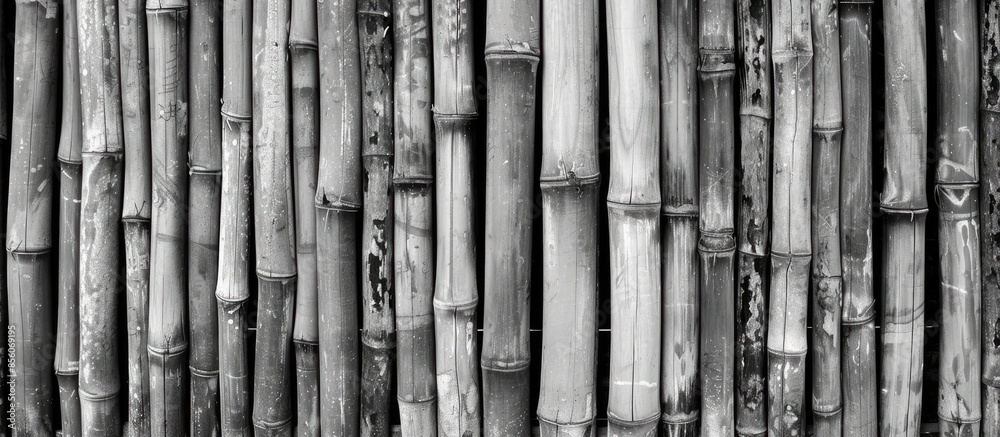 Poster dry old bamboo wall, black and white bamboo wall background and texture, beautiful old bamboo fence 