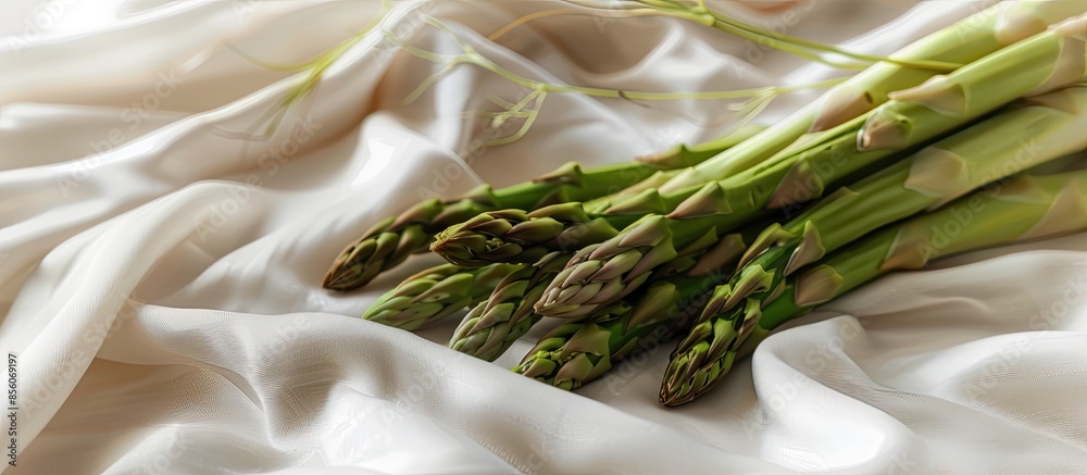 Leinwandbilder horizontal close up shot of a bundle of asparagus over a white fabric pastel background. with copy s