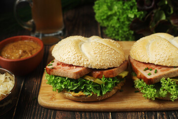 Leberkaessemmel sandwich - traditional fast food snack in Germany	