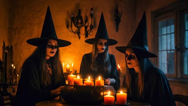 Three witches dressed in dark robes and pointed hats gather around a table with glowing candles, casting spells in a dimly lit room