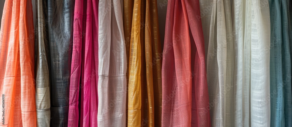 Poster Beautiful curtains of different colors hang on the stand for sale. Curtains hang on the stand in the store. with copy space image. Place for adding text or design