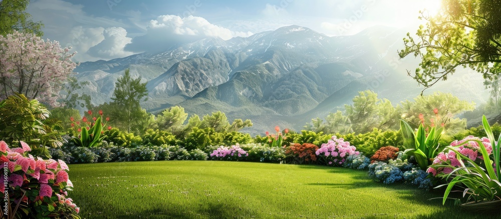Fototapete Beautiful garden backdrop with mountains and forests. with copy space image. Place for adding text or design