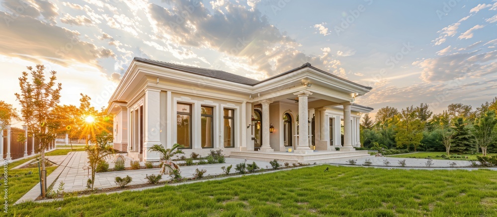 Poster Beautiful exterior of newly built luxury home. Has yard with green grass and stately columns. with copy space image. Place for adding text or design