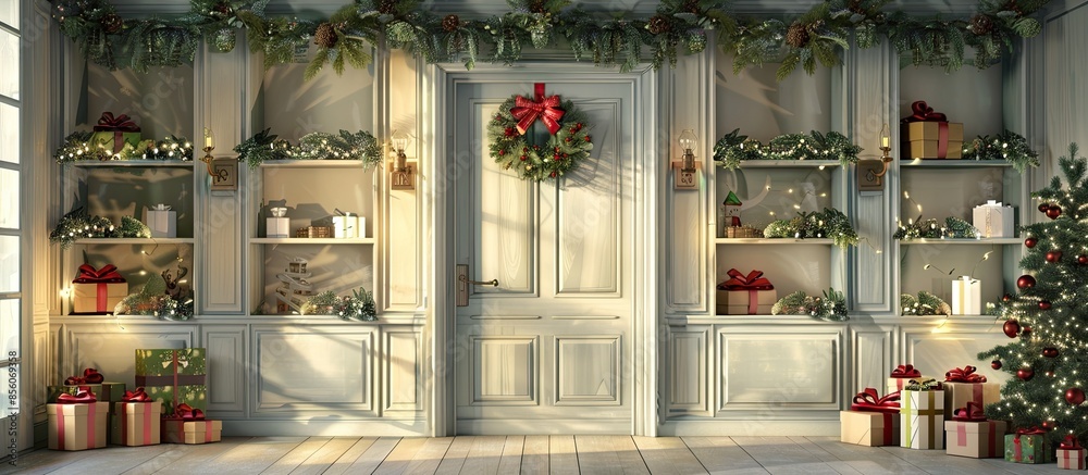 Aufkleber christmas background and new year interior. celebration gifts festoon. shelves with decorations and 