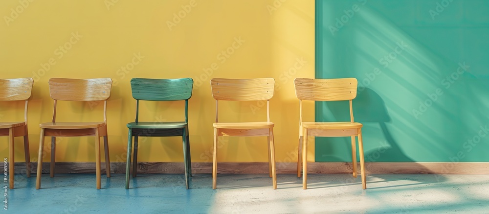 Poster wooden child chairs near color wall. with copy space image. place for adding text or design