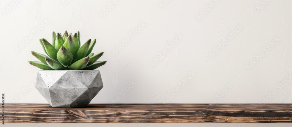 Poster concrete pot. green succulent plant in modern geometric concrete planter on wooden shelf isolated on